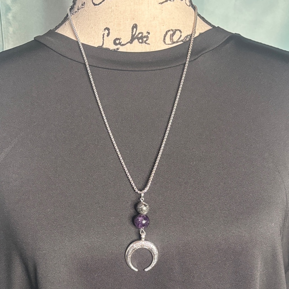 Labradite and Amethyst Viking Crescent Necklace